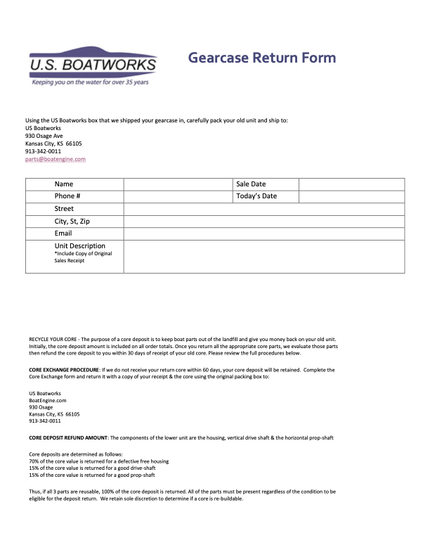 Gearcase Core Return Form